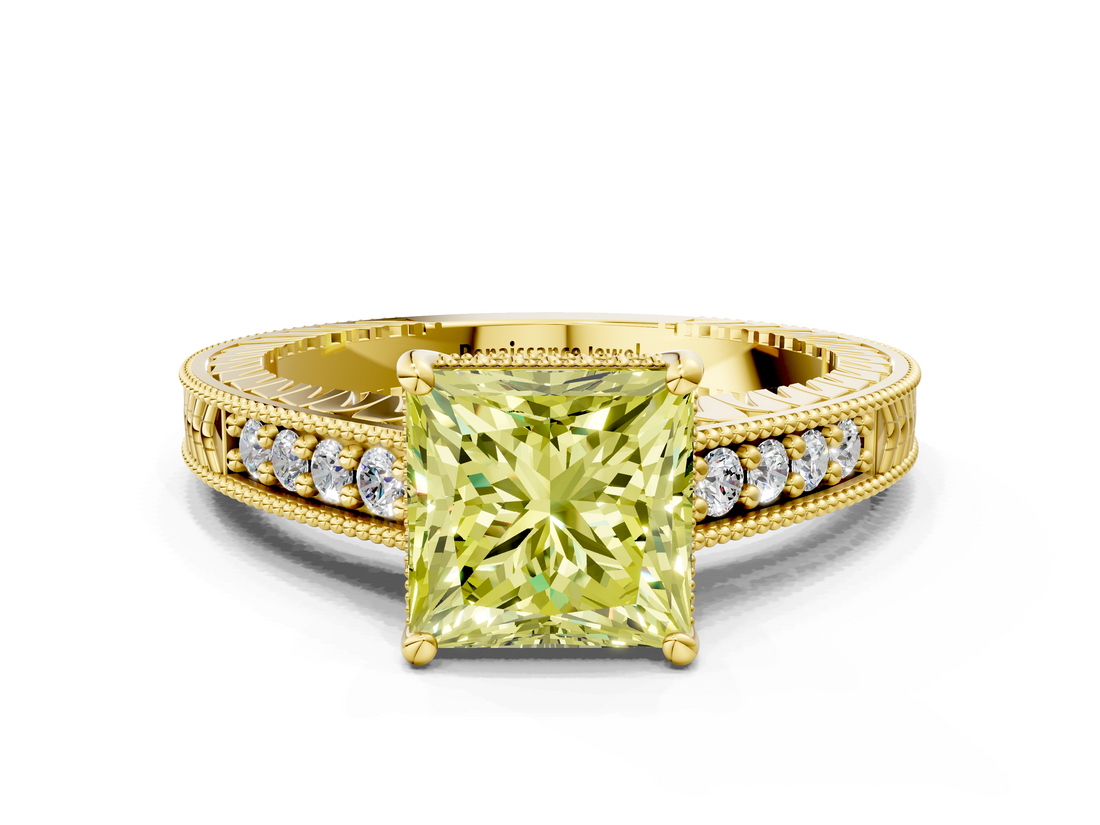 Yellow gold Fancy Yellow Princess  Solitaire Pavé Diamond Milgrain Engagement Ring with Four-Prong Setting
