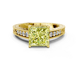 Yellow gold Fancy Yellow Princess  Solitaire Pavé Diamond Milgrain Engagement Ring with Four-Prong Setting