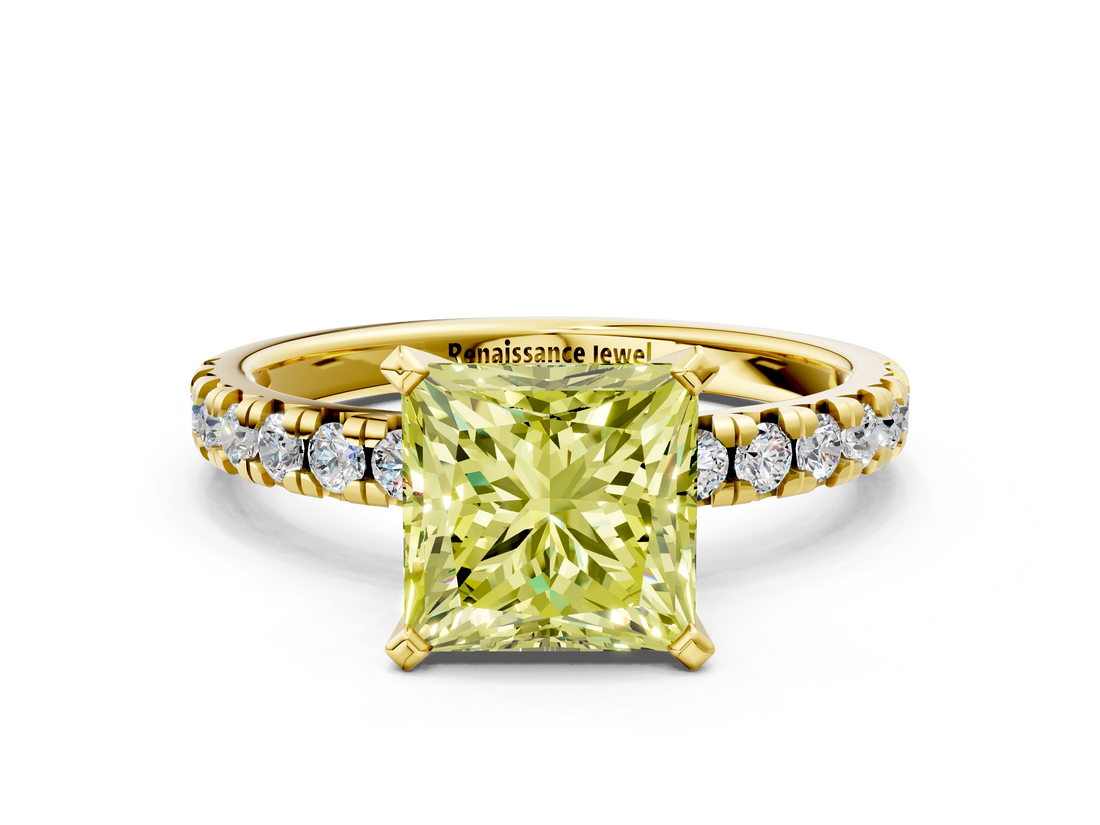 Yellow gold Fancy Yellow Princess  Solitaire Pave Diamond Engagement Ring with Four-Prong Setting