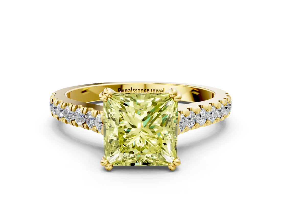 Yellow gold Fancy Yellow Princess  Solitaire Pave Diamond Engagement Ring with Prong Setting