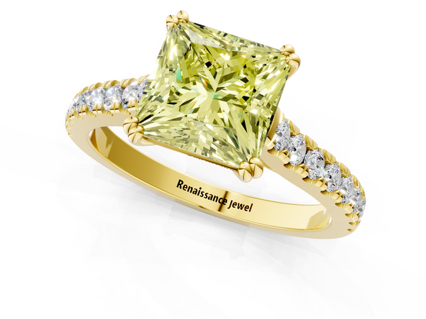 Yellow gold Fancy Yellow Princess  Solitaire Pave Diamond Engagement Ring with Prong Setting