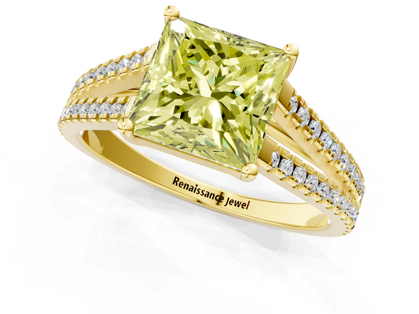 Yellow gold Fancy Yellow Princess Cut Diamond Solitaire Engagement Ring with Split Shank Pavé Band