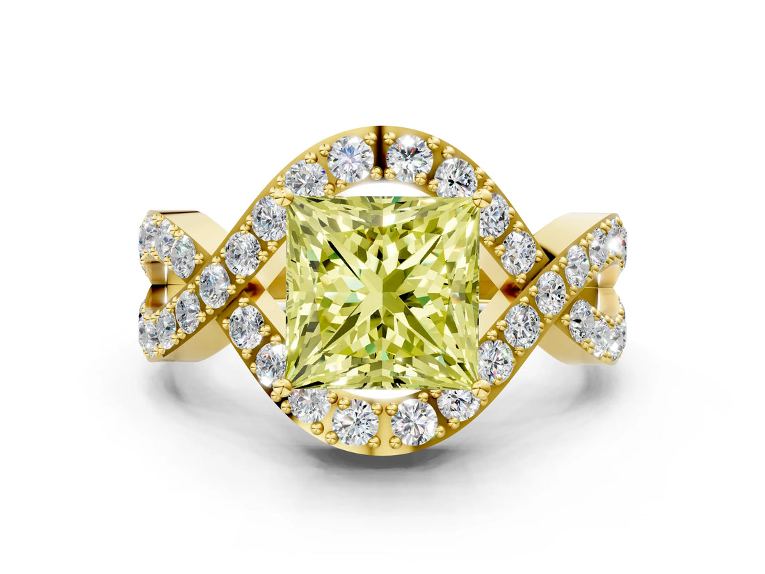 Yellow gold Fancy Yellow Princess  Solitaire Twist Band Pavé Diamond Engagement Ring_55