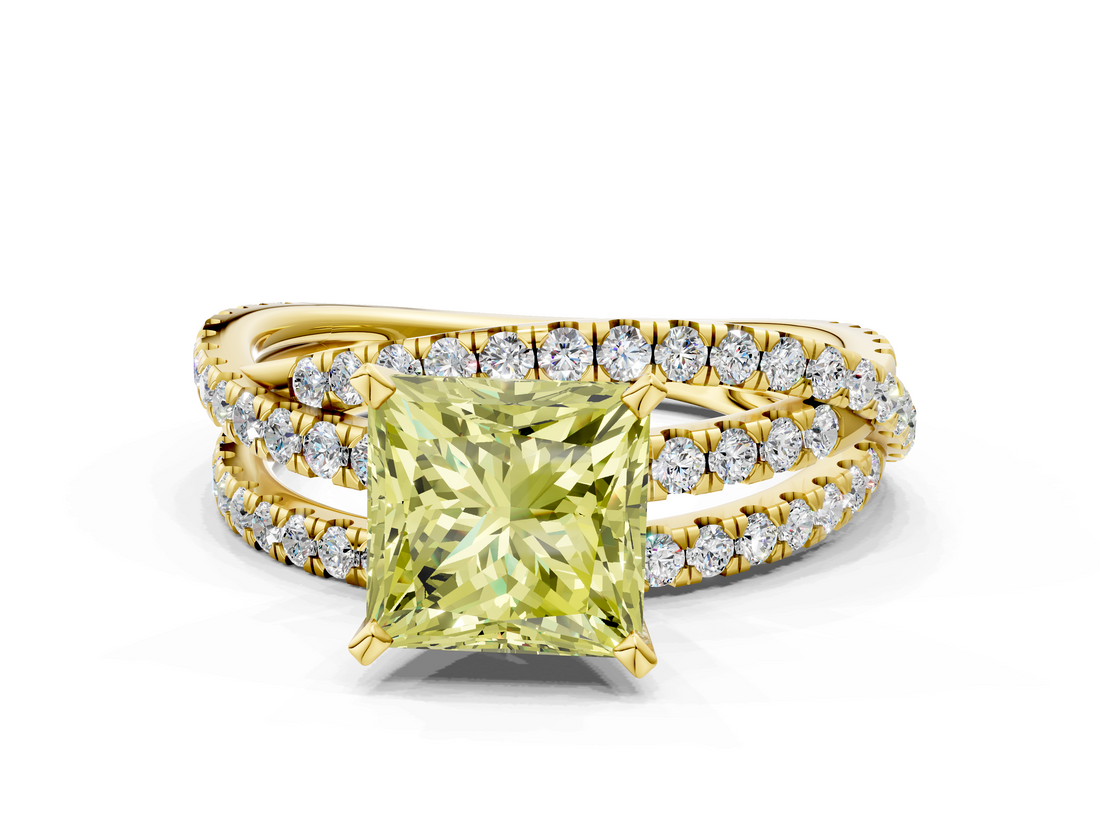 Yellow gold Fancy Yellow Princess  Solitaire Twist Band with Pavé Setting and Four-Prong Setting