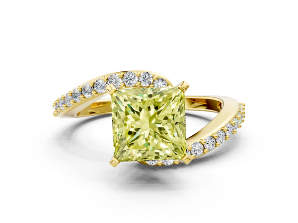Yellow gold Fancy Yellow Princess  Solitaire Twist Band with Pave Set Diamonds and Four-Prong Setting