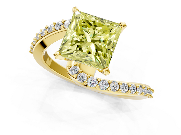Yellow gold Fancy Yellow Princess  Solitaire Twist Band with Pave Set Diamonds and Four-Prong Setting