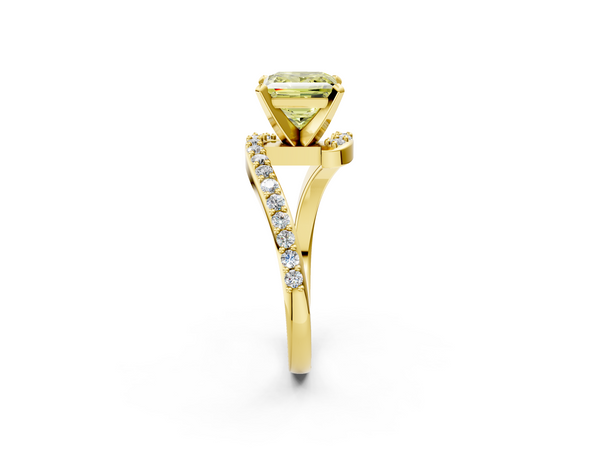 Yellow gold Fancy Yellow Princess  Solitaire Twist Band with Pave Set Diamonds and Four-Prong Setting