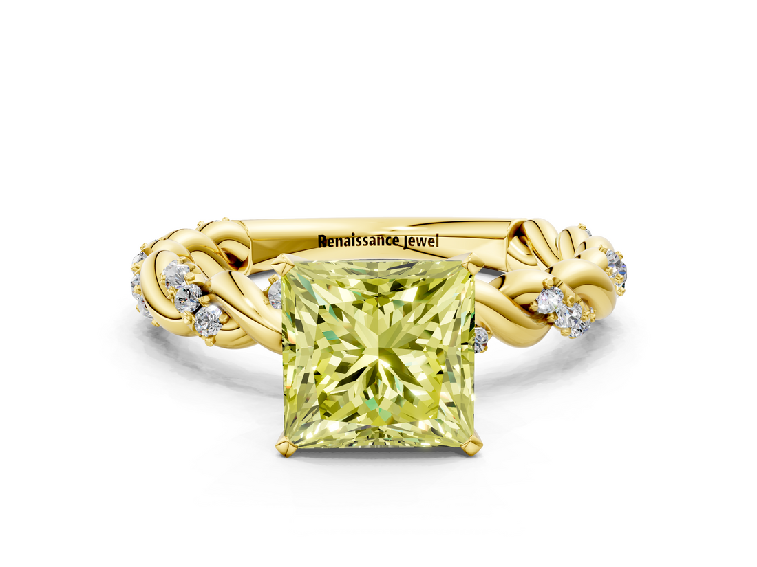 Yellow gold Fancy Yellow Princess  Solitaire Twisted Band with Pavé Accents and Four-Prong Setting
