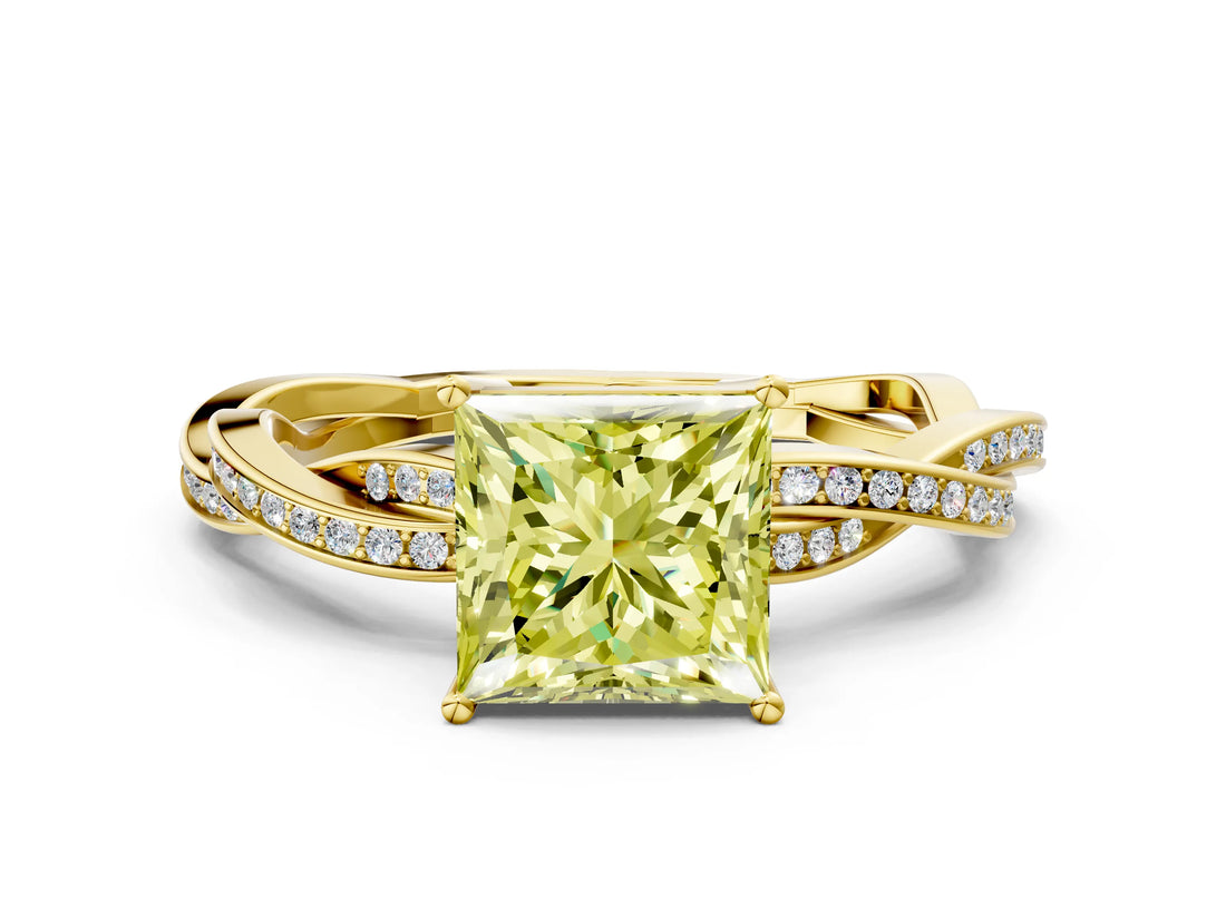 Yellow gold Fancy Yellow Princess  Solitaire Twisted Pave Diamond Ring with Four-Prong Setting_114