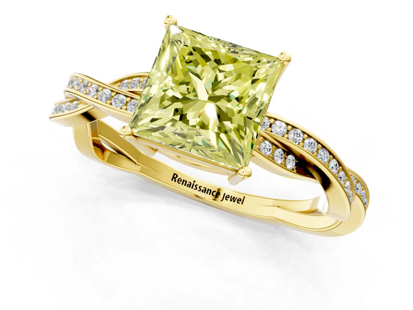Yellow gold Fancy Yellow Princess  Solitaire Twisted Pave Diamond Ring with Four-Prong Setting
