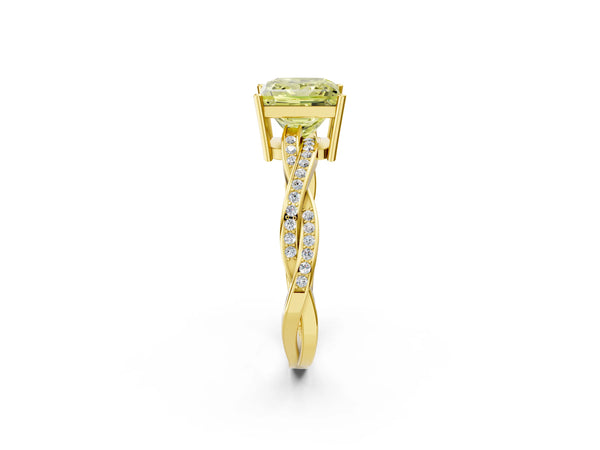 Yellow gold Fancy Yellow Princess  Solitaire Twisted Pave Diamond Ring with Four-Prong Setting