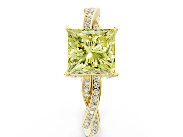 Yellow gold Fancy Yellow Princess  Solitaire Twisted Pave Diamond Ring with Four-Prong Setting