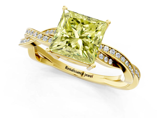Yellow gold Fancy Yellow Princess  Solitaire Twisted Pave Diamond Ring with Four-Prong Setting