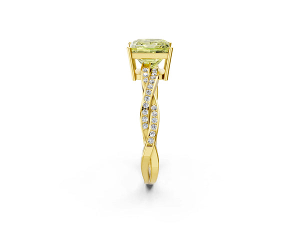 Yellow gold Fancy Yellow Princess  Solitaire Twisted Pave Diamond Ring with Four-Prong Setting