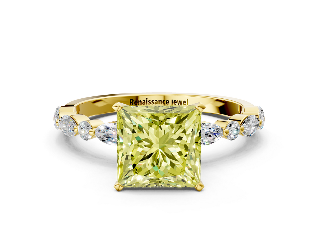 Yellow gold Fancy Yellow Princess  Solitaire with Side Stones on a Pavé Band and Four-Prong Setting