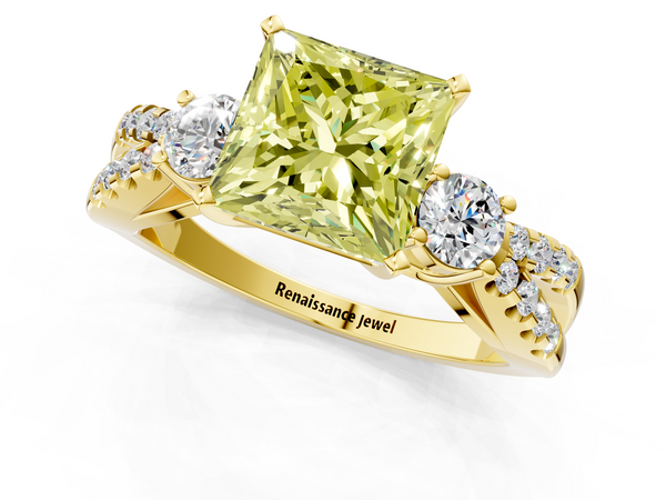 Yellow gold Fancy Yellow Princess Cut Diamond Three-Stone Ring with Pavé Split Shank and Four-Prong Setting