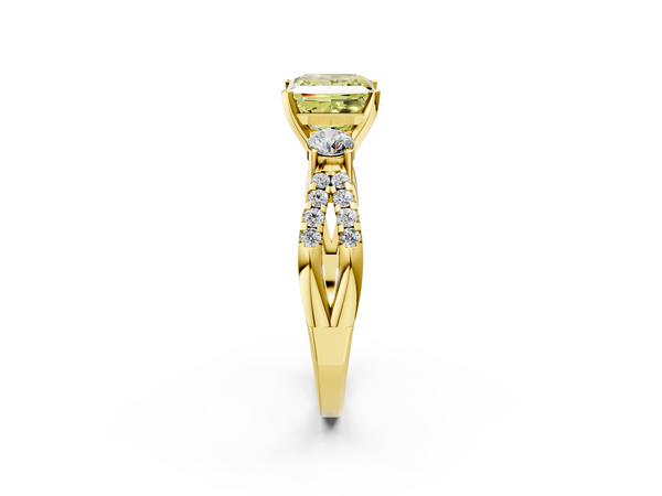 Yellow gold Fancy Yellow Princess Cut Diamond Three-Stone Ring with Pavé Split Shank and Four-Prong Setting