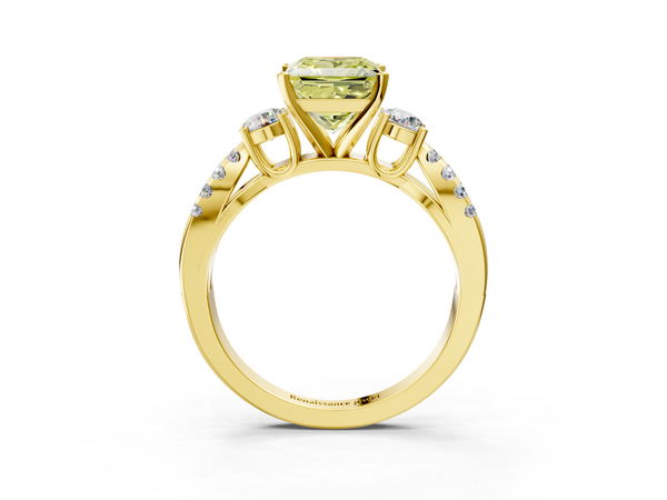 Yellow gold Fancy Yellow Princess Cut Diamond Three-Stone Ring with Pavé Split Shank and Four-Prong Setting