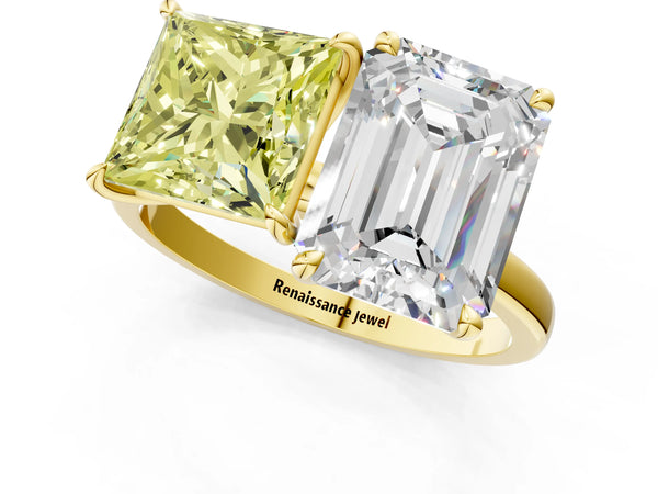 Yellow gold Fancy Yellow Princess  and Emerald Cut Toi Moi Ring with Prong Setting