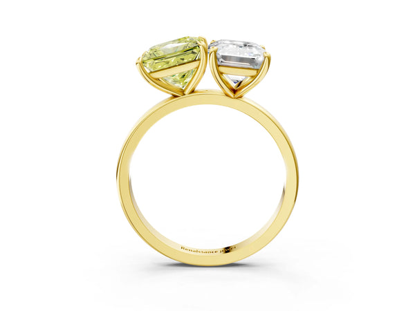 Yellow gold Fancy Yellow Princess  and Emerald Cut Toi Moi Ring with Prong Setting