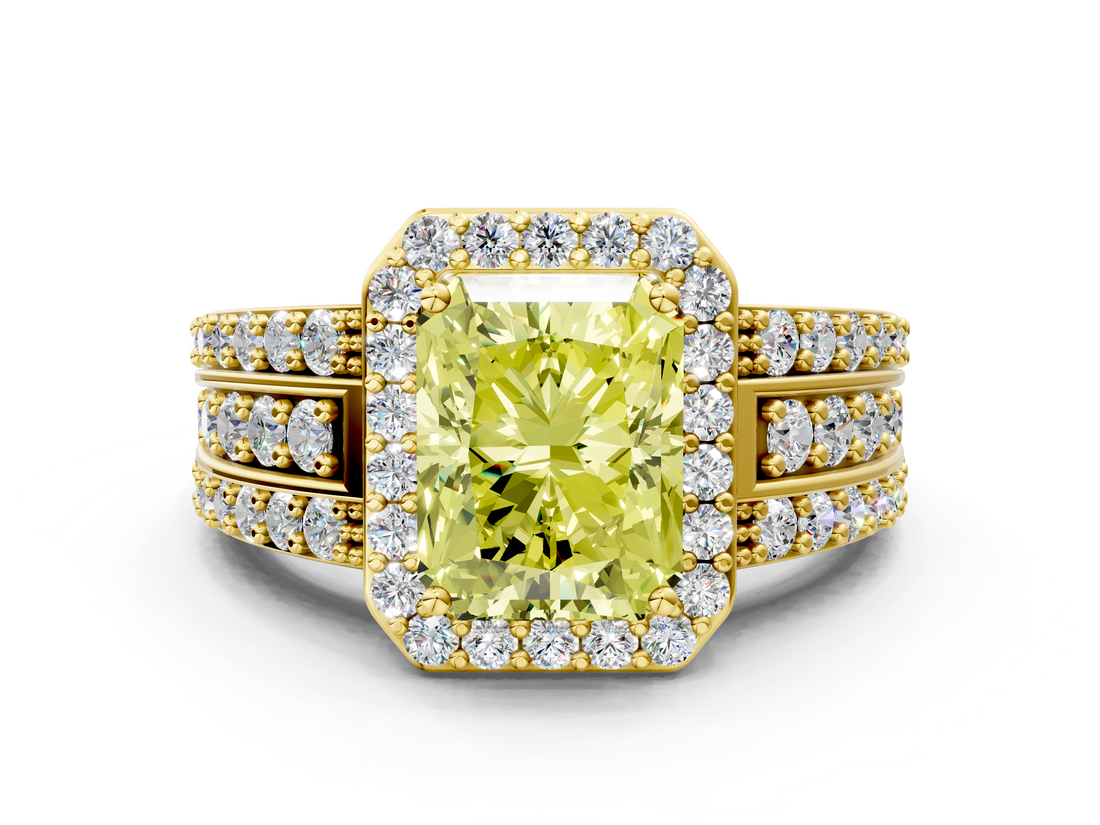 Yellow gold Fancy Yellow Radiant -Cut Halo Diamond Ring with Split Shank and Four-Prong Setting_102