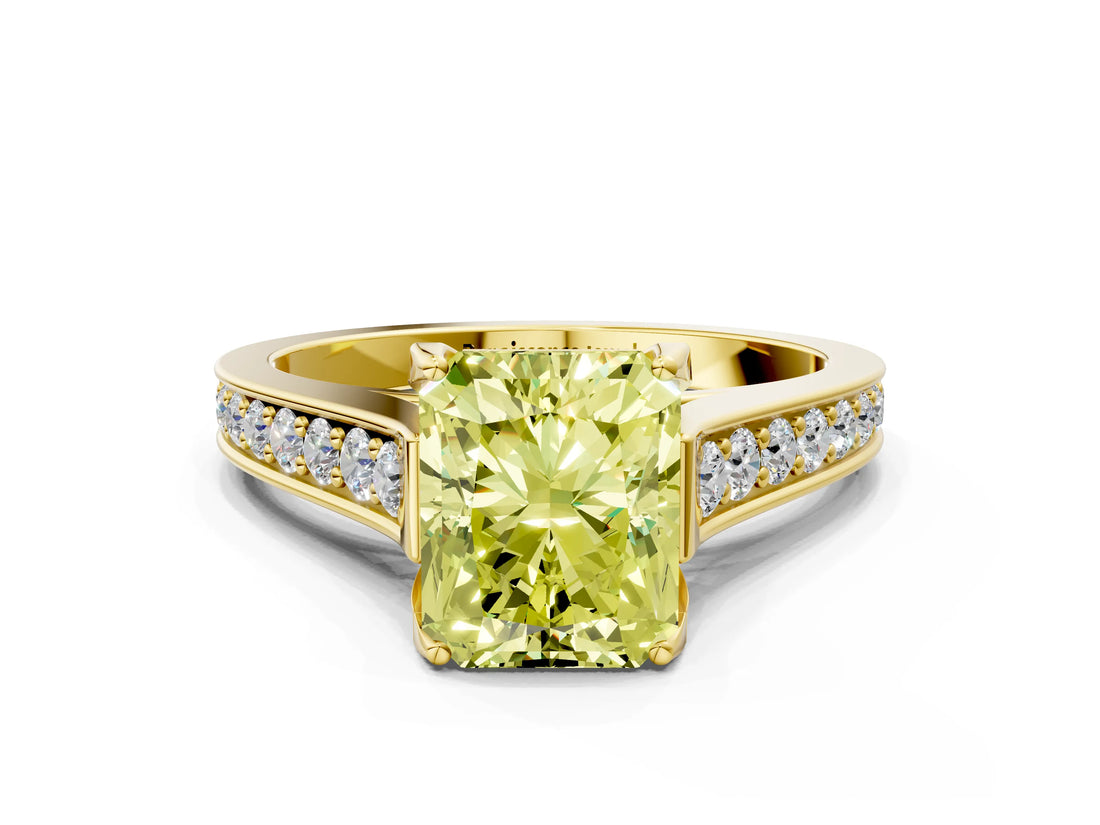 Yellow gold Fancy Yellow Radiant  Brilliant Cut Diamond Engagement Ring with Pavé Band and Four-Prong Setting_48