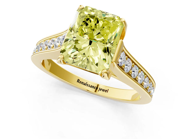 Yellow gold Fancy Yellow Radiant  Brilliant Cut Diamond Engagement Ring with Pavé Band and Four-Prong Setting