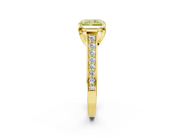 Yellow gold Fancy Yellow Radiant  Brilliant Cut Diamond Engagement Ring with Pavé Band and Four-Prong Setting