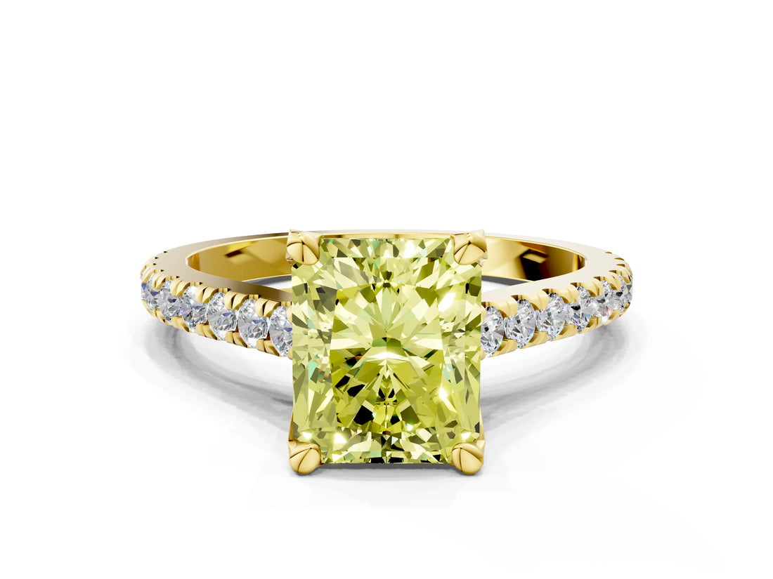 Yellow gold Fancy Yellow Radiant  Brilliant Diamond Solitaire with Pavé Band and Four-Prong Setting 1