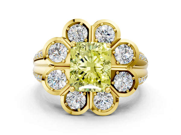 Yellow gold Fancy Yellow Radiant  Brilliant Flower Halo Diamond Split Shank Ring