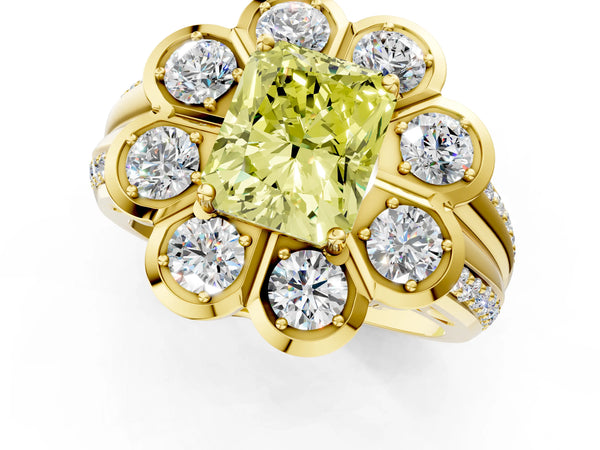 Yellow gold Fancy Yellow Radiant  Brilliant Flower Halo Diamond Split Shank Ring