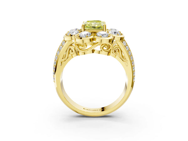 Yellow gold Fancy Yellow Radiant  Brilliant Flower Halo Diamond Split Shank Ring
