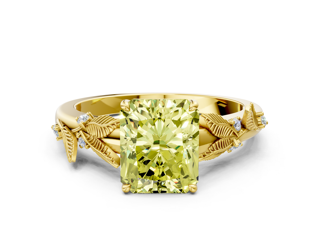 Yellow gold Fancy Yellow Radiant  Brilliant Solitaire with Leaf Motif Band and Four-Prong Setting_62