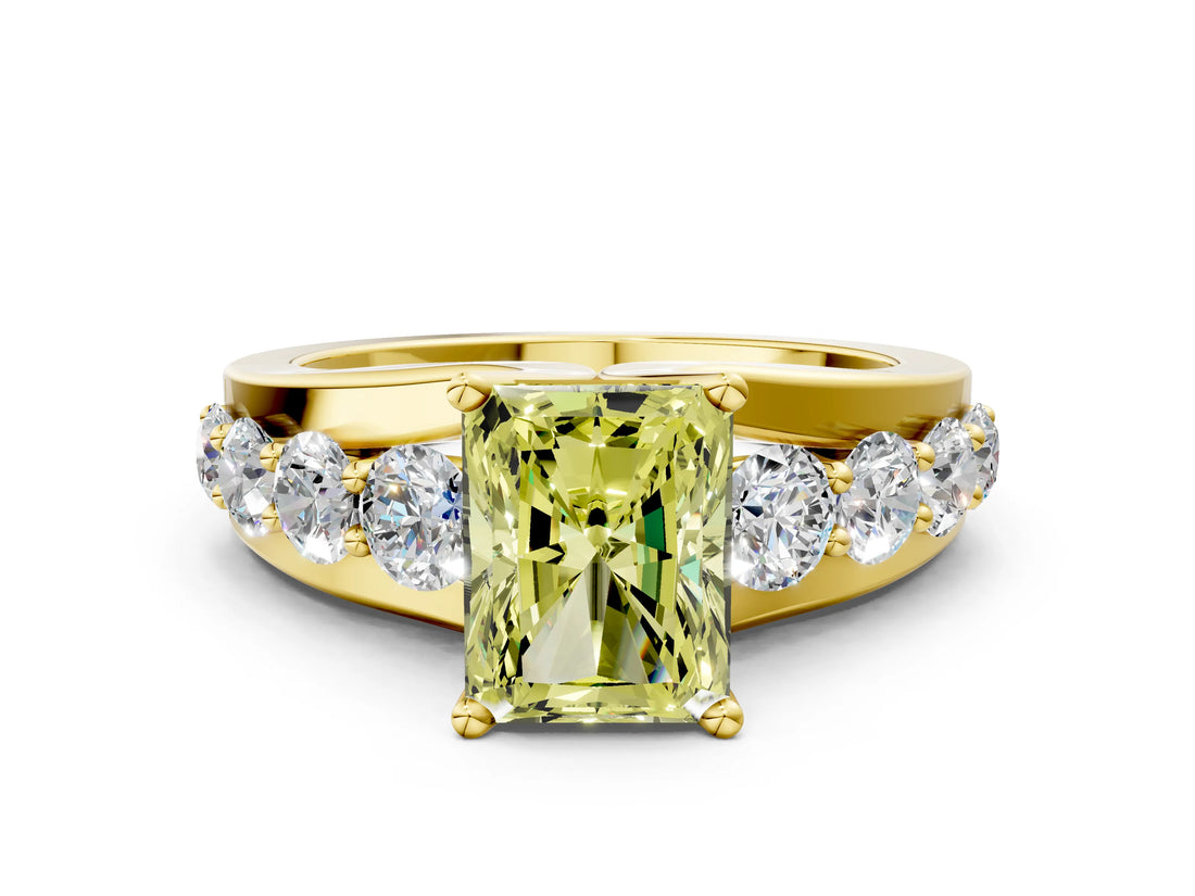 Yellow gold Fancy Yellow Radiant  Brilliant Solitaire with Side Stones on a Pave Band and Four-Prong Setting_24