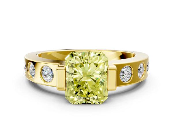 Yellow gold Fancy Yellow Radiant Cut Brilliant Channel-Set Diamond Ring with Bezel Prong Setting