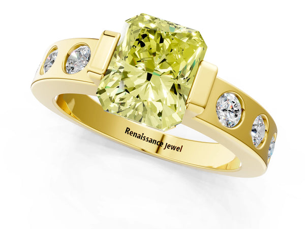 Yellow gold Fancy Yellow Radiant Cut Brilliant Channel-Set Diamond Ring with Bezel Prong Setting
