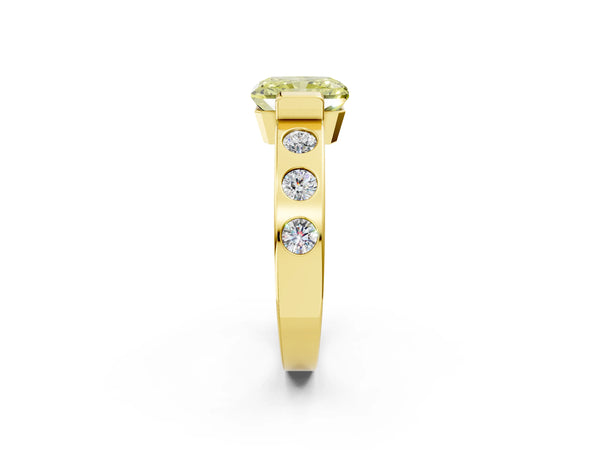 Yellow gold Fancy Yellow Radiant Cut Brilliant Channel-Set Diamond Ring with Bezel Prong Setting