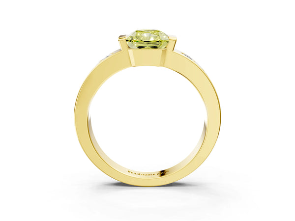 Yellow gold Fancy Yellow Radiant Cut Brilliant Channel-Set Diamond Ring with Bezel Prong Setting