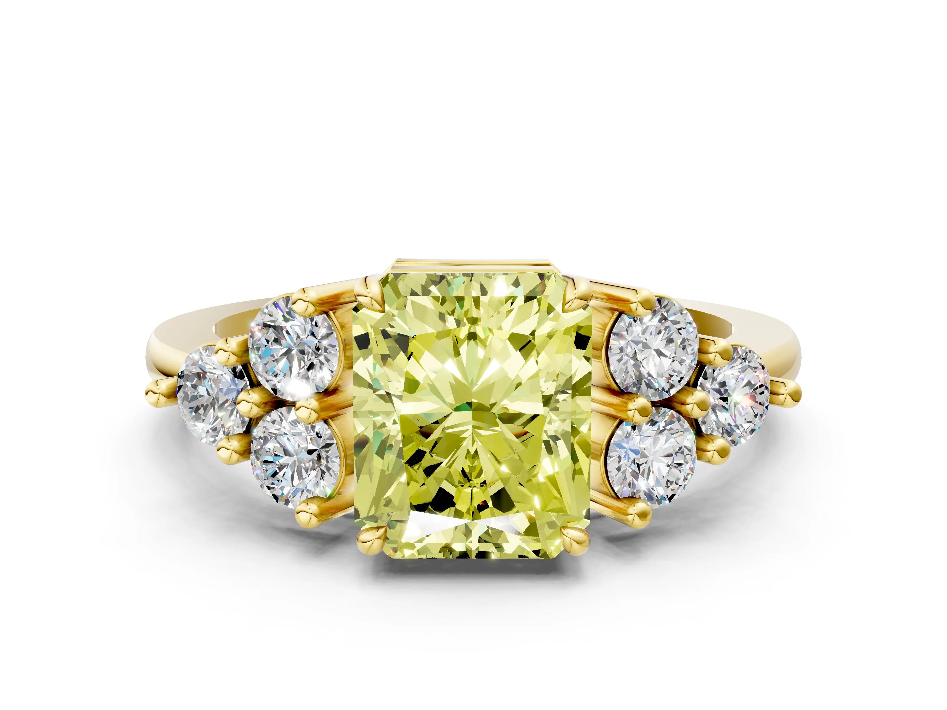 Yellow gold Fancy Yellow Radiant Cut Brilliant Diamond Cluster Accent Solitaire Ring with Prong Setting