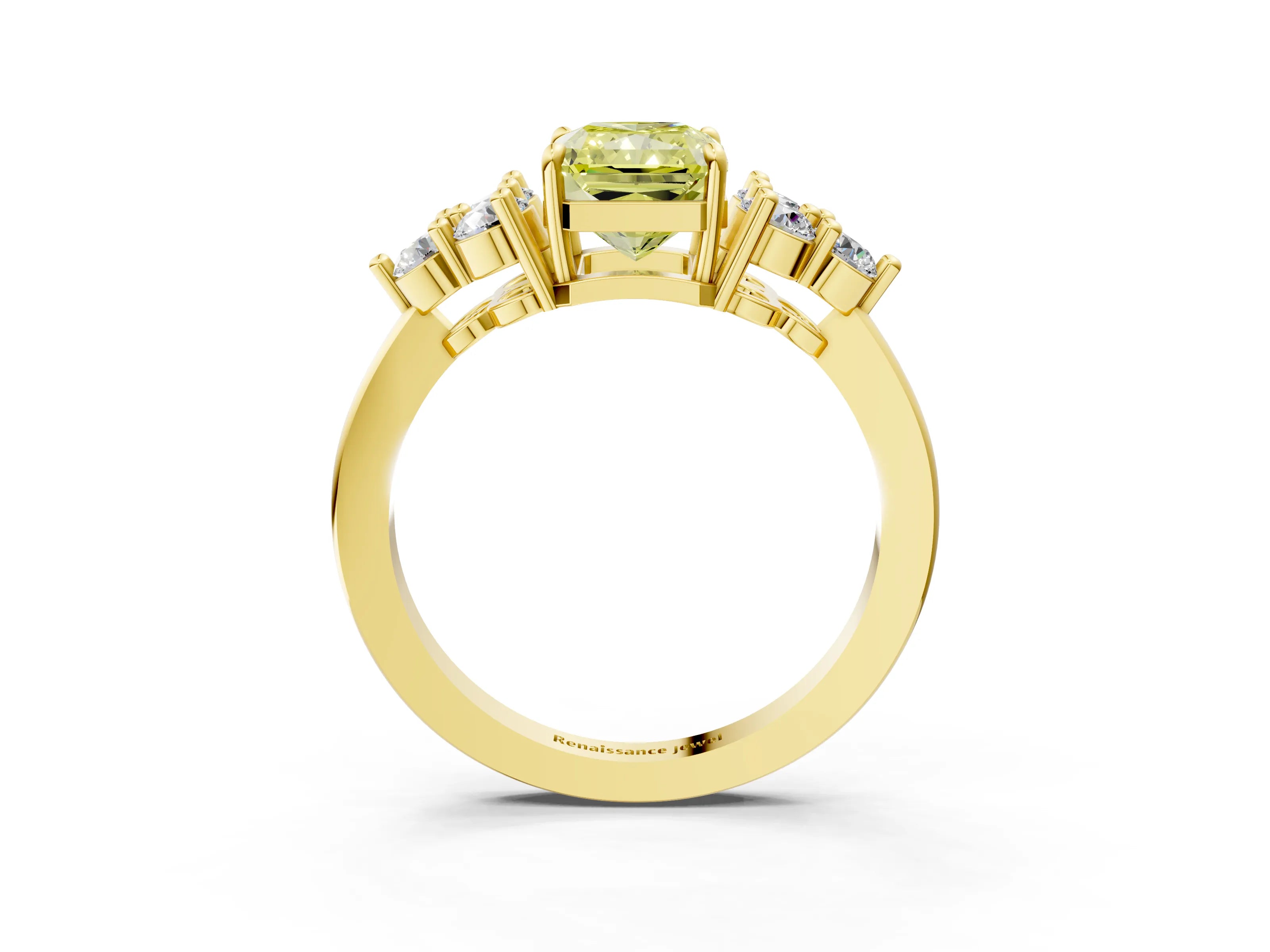 Yellow gold Fancy Yellow Radiant Cut Brilliant Diamond Cluster Accent Solitaire Ring with Prong Setting_3