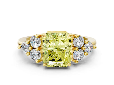 Yellow gold Fancy Yellow Radiant Cut Brilliant Diamond Cluster Accent Solitaire Ring with Prong Setting