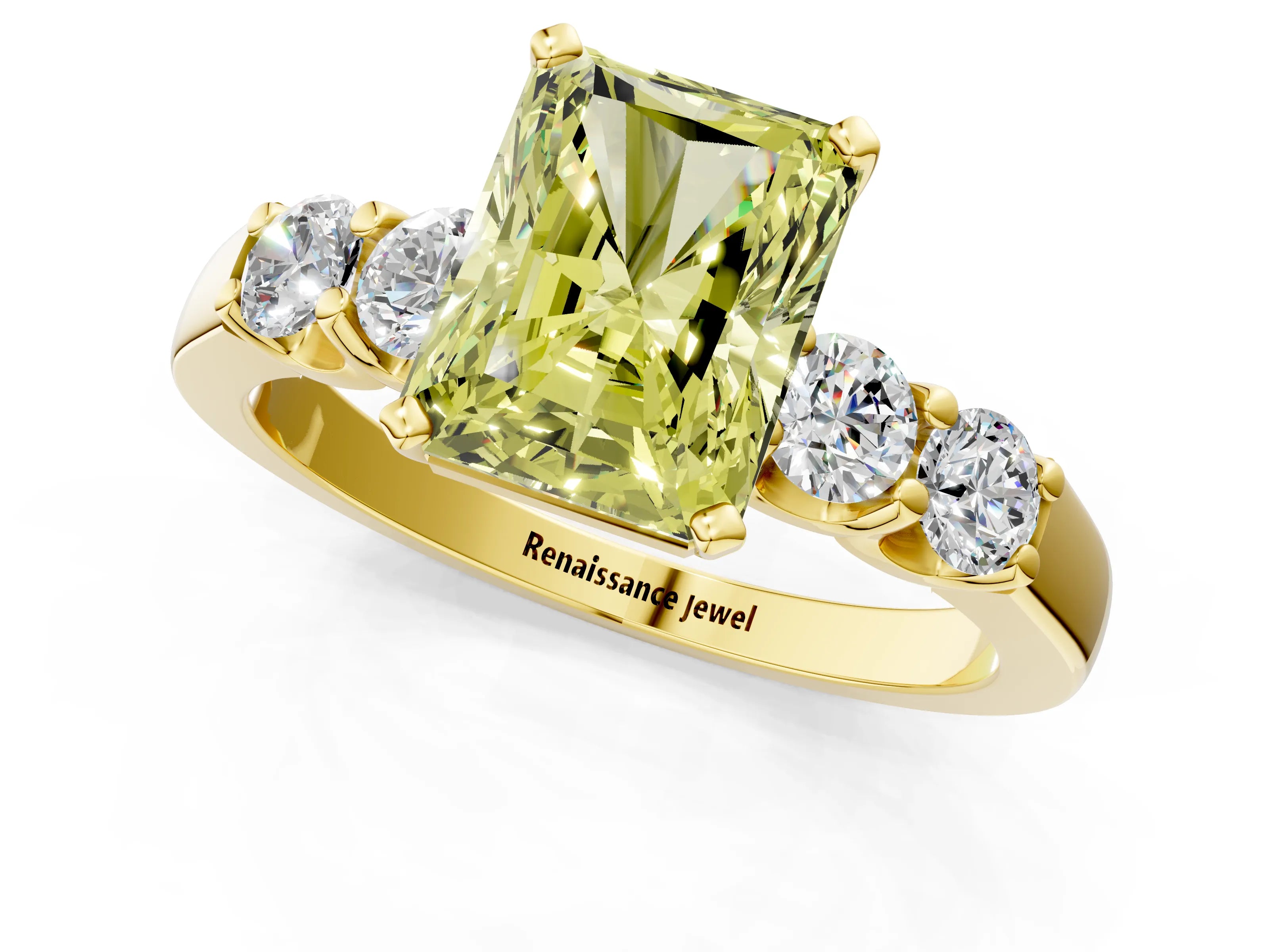 Yellow gold Fancy Yellow Radiant Cut Brilliant Diamond Five-Stone Engagement Ring with Prong Setting on a Classic Band_4