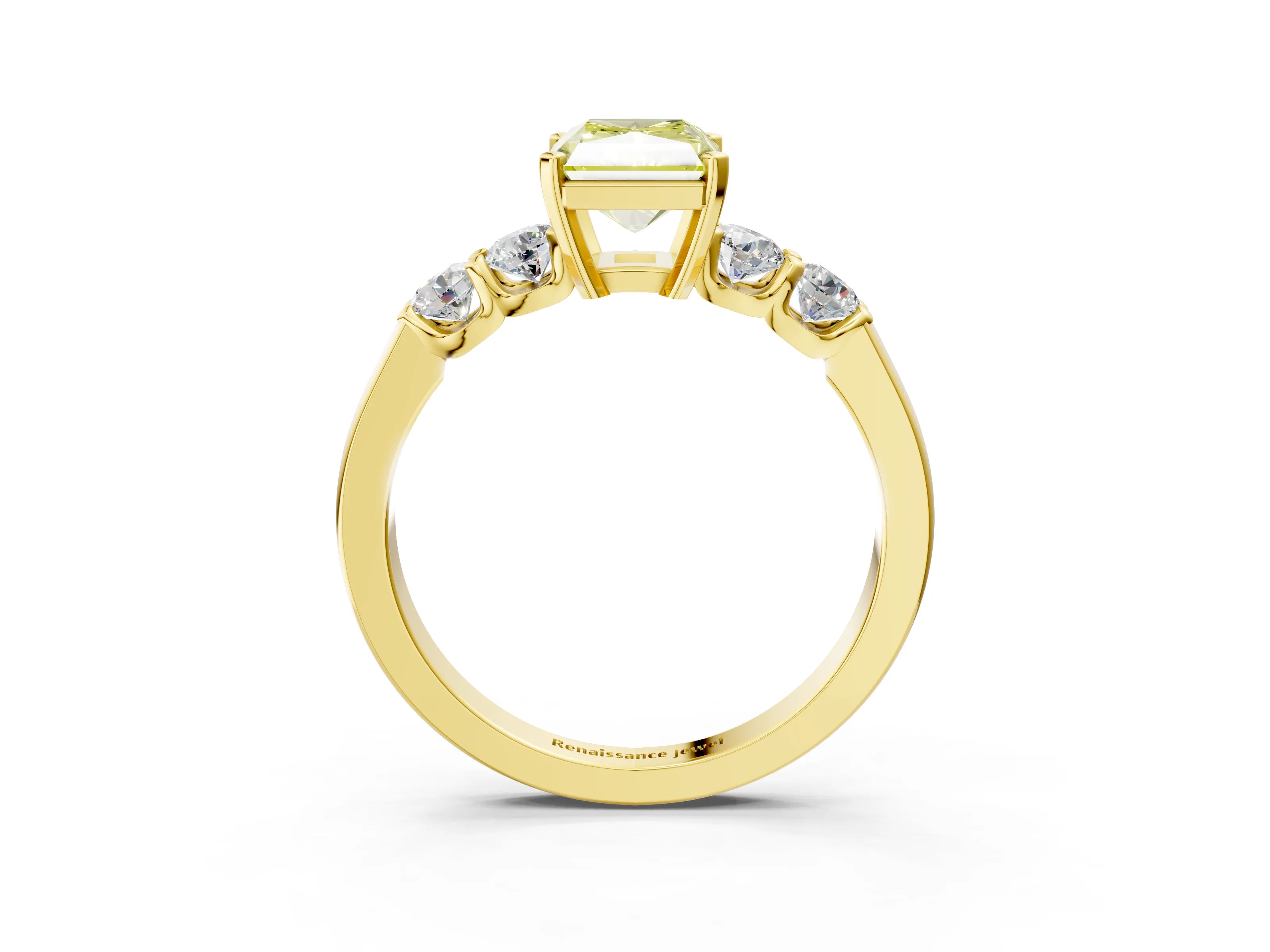 Yellow gold Fancy Yellow Radiant Cut Brilliant Diamond Five-Stone Engagement Ring with Prong Setting on a Classic Band_6