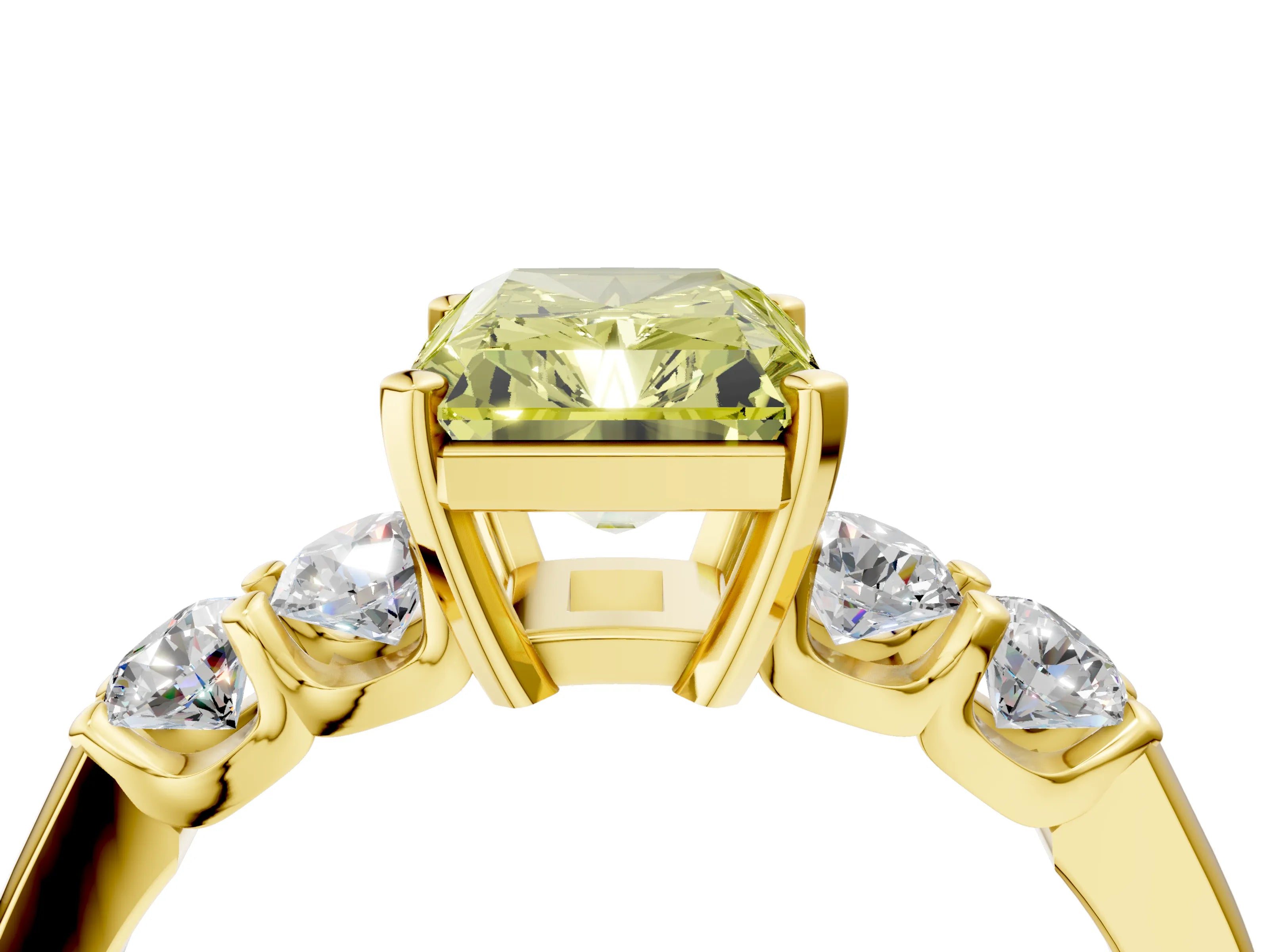 Yellow gold Fancy Yellow Radiant Cut Brilliant Diamond Five-Stone Engagement Ring with Prong Setting on a Classic Band_7