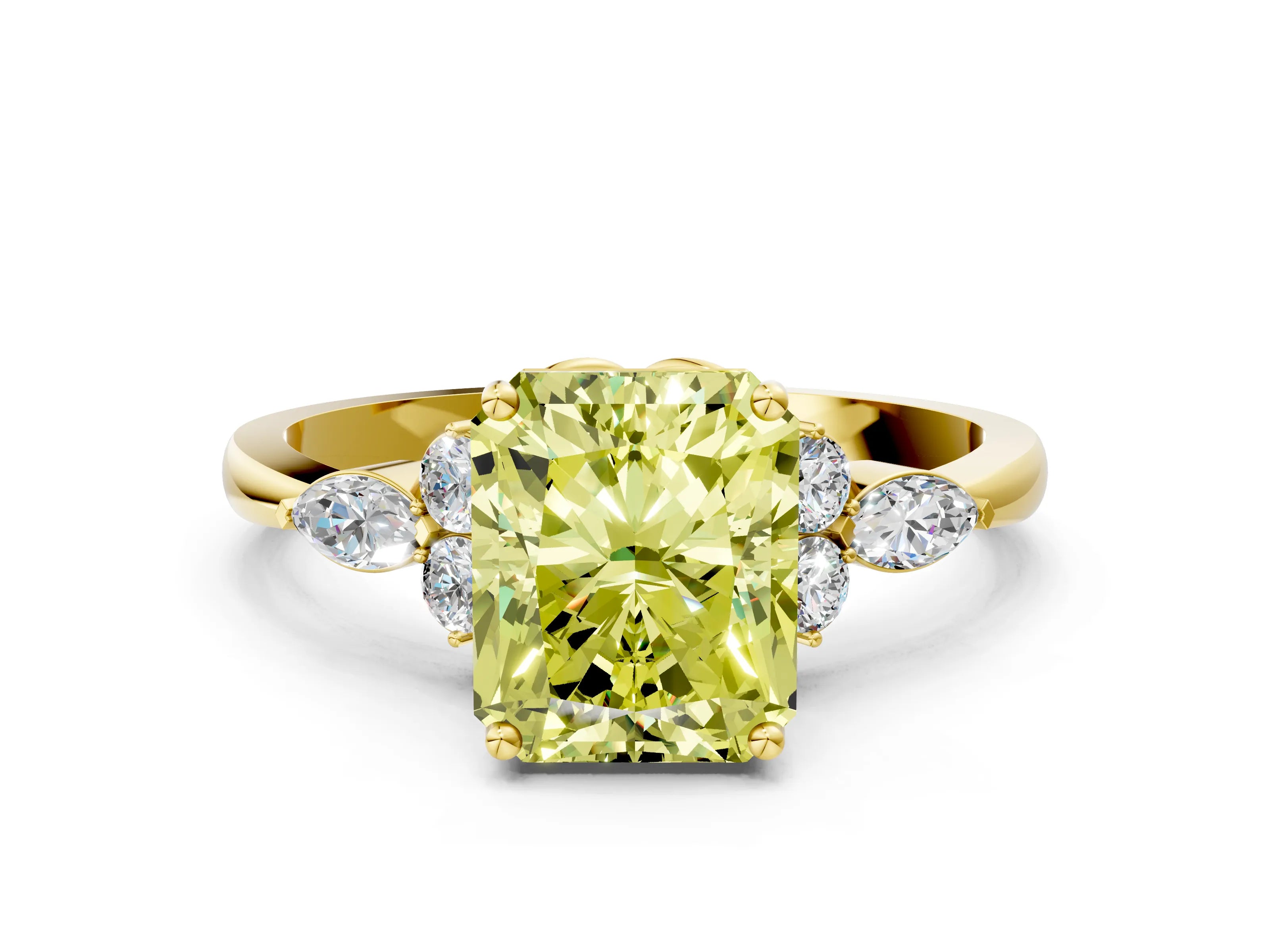 Yellow gold Fancy Yellow Radiant Cut Brilliant Diamond Solitaire Ring with Pear Side Stones and Four-Prong Setting_3