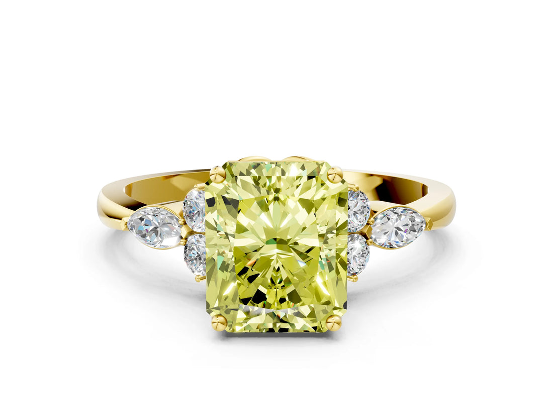 Yellow gold Fancy Yellow Radiant Cut Brilliant Diamond Solitaire Ring with Pear Side Stones and Four-Prong Setting_3