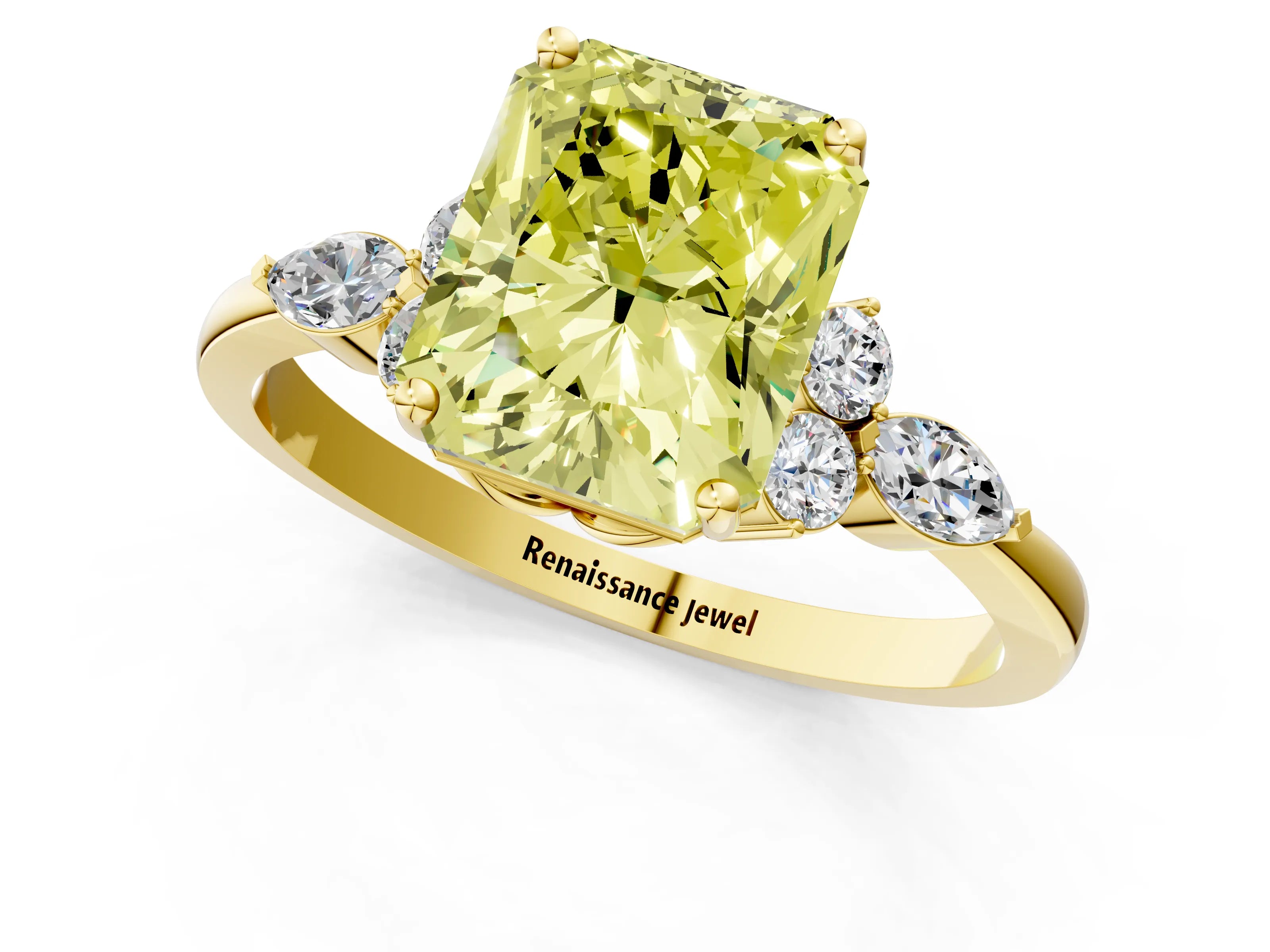 Yellow gold Fancy Yellow Radiant Cut Brilliant Diamond Solitaire Ring with Pear Side Stones and Four-Prong Setting_4