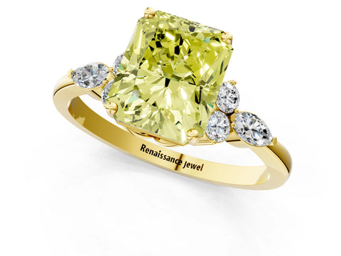 Yellow gold Fancy Yellow Radiant Cut Brilliant Diamond Solitaire Ring with Pear Side Stones and Four-Prong Setting_4