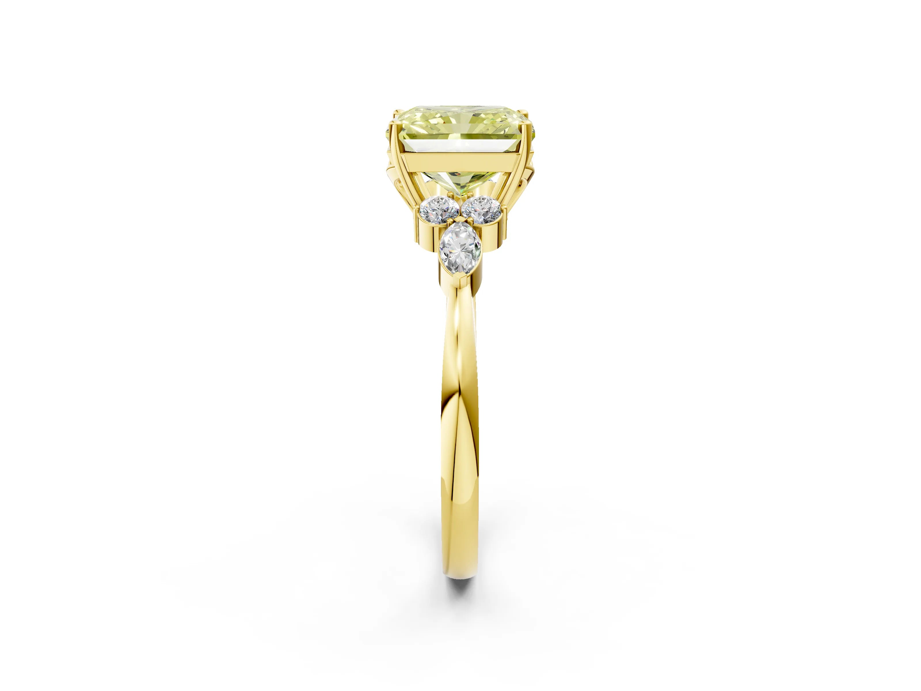 Yellow gold Fancy Yellow Radiant Cut Brilliant Diamond Solitaire Ring with Pear Side Stones and Four-Prong Setting_5