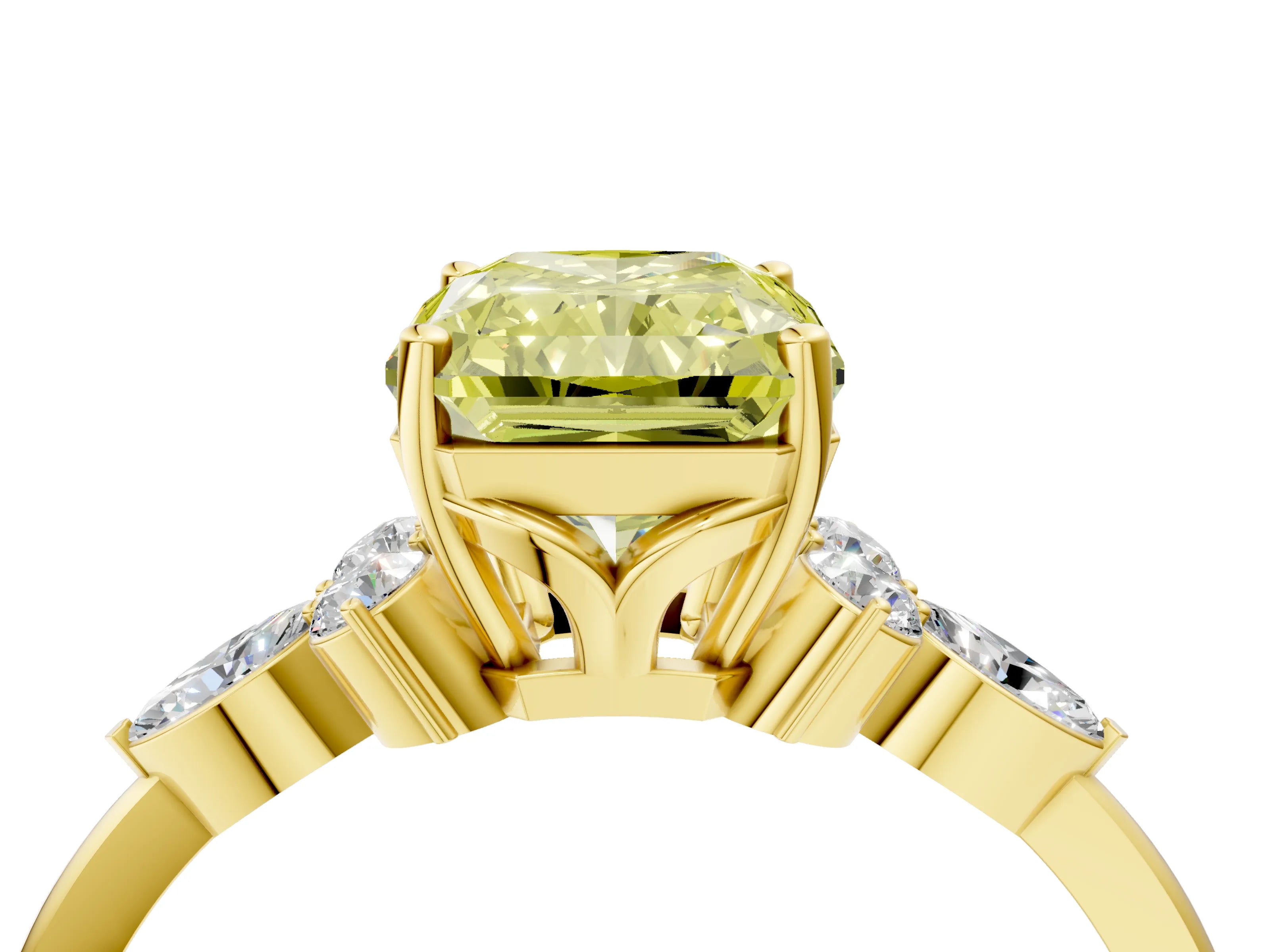 Yellow gold Fancy Yellow Radiant Cut Brilliant Diamond Solitaire Ring with Pear Side Stones and Four-Prong Setting_7